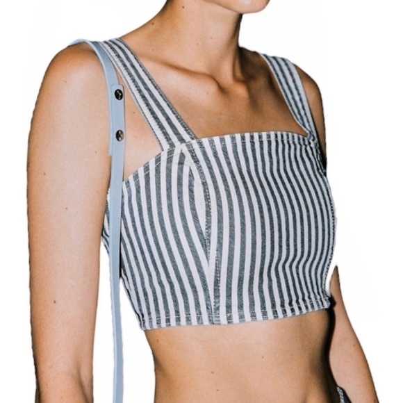 NEW Zara Striped Denim Crop Top Blue & White Sleeveless Square Neck Size Medium - Picture 1 of 14